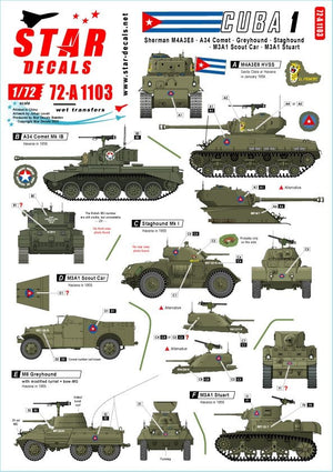 Star Decals 72-A1103 Tanks &amp;amp; AFVs in Cuba # 1. M4A3E8 Sherman, A34 Comet, Staghound, Greyhound, M3A1 White Scout Car, M3A1 Stuart. 1/72
