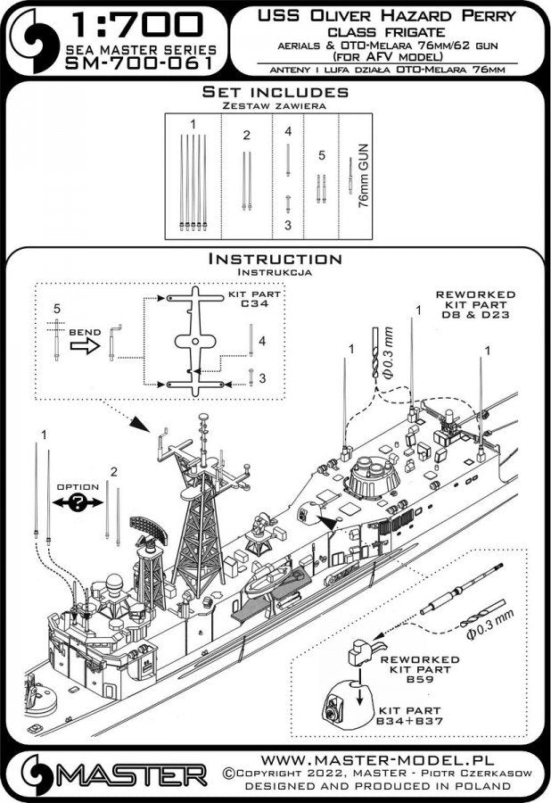 Master SM-700-061 Fregaty typu USS Oliver Hazard Perry - anteny oraz lufa działa OTO-Melara 76mm/62 (do modelu AFV i innych) – immagine 4