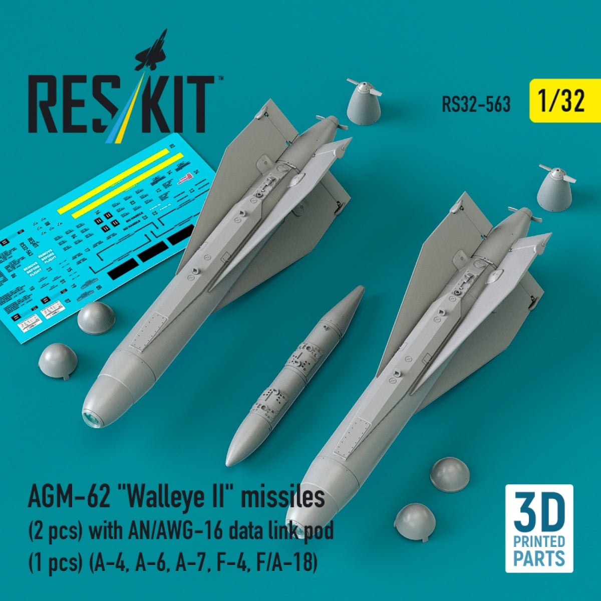 RESKIT RS32-0563 AGM-62 "Walleye II" missiles (2 pcs) with AN/AWG-16 data link pod (1 pcs) (A-4, A-6, A-7, F-4, F/A-18) (3D Printed) 1/32