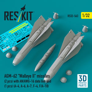 RESKIT RS32-0563 AGM-62 "Walleye II" missiles (2 pcs) with AN/AWG-16 data link pod (1 pcs) (A-4, A-6, A-7, F-4, F/A-18) (3D Printed) 1/32