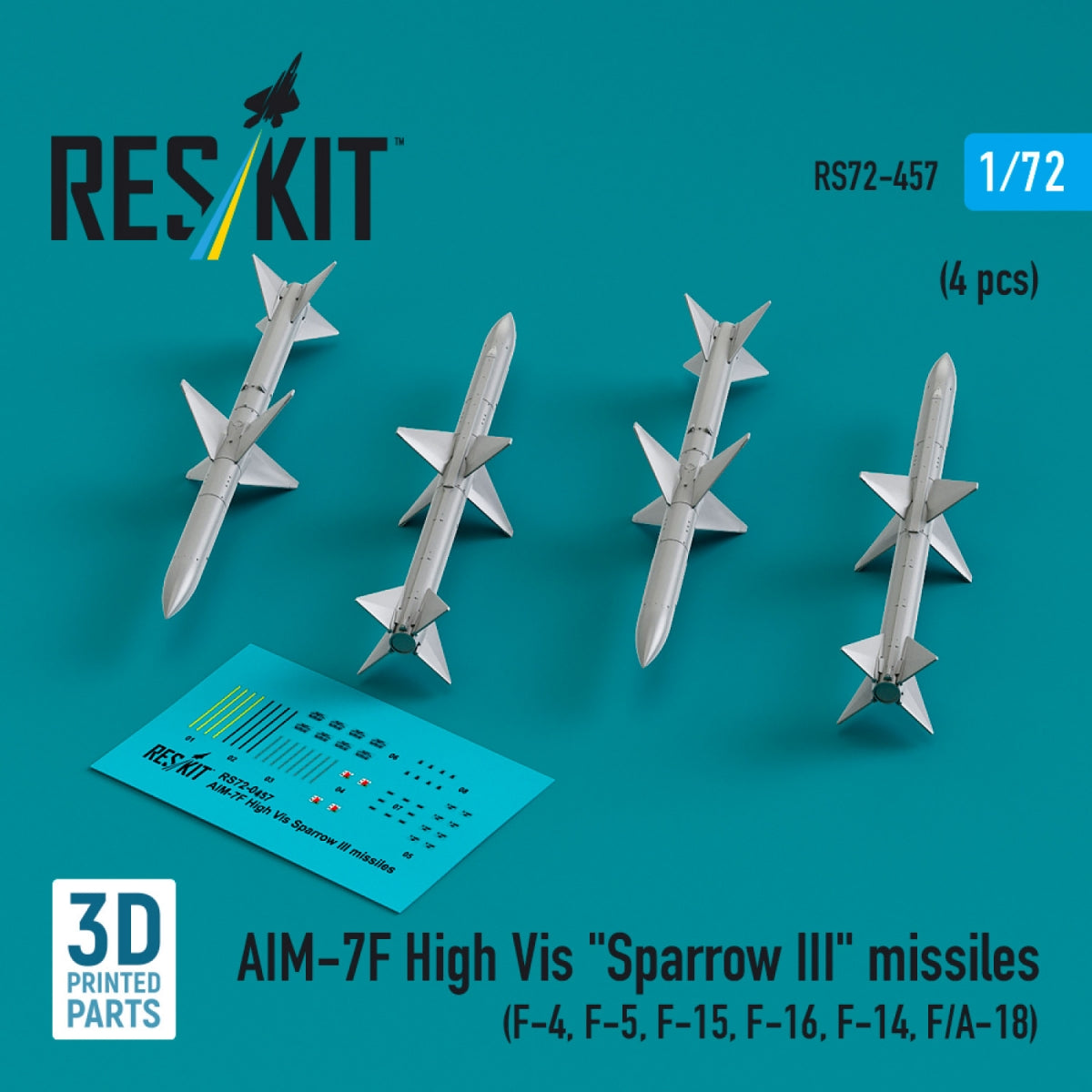 RESKIT RS72-0457 AIM-7F High Vis "Sparrow III" missiles (4 pcs) (3D Printed) 1/72