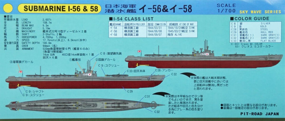 Pit-Road W122 IJN Submarine Type I-54 Class Submarine I-56 &amp;amp; I-58 1/700 – imagen 2