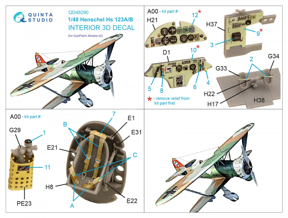 Intérieur imprimé en 3D et coloré sur papier décalcomanie Quinta Studio QD48290 Henschel Hs 123A/B (GasPatch models) 1/48 – image 2