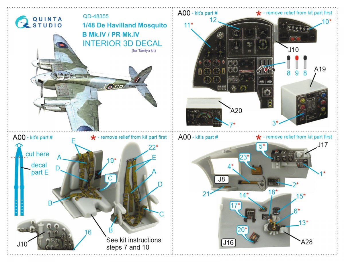Quinta Studio QD48355 DH Mosquito B Mk.IV/PR Mk.IV 3D-Printed &amp;amp; coloured Interior on decal paper (Tamiya) 1/48 – imagen 7