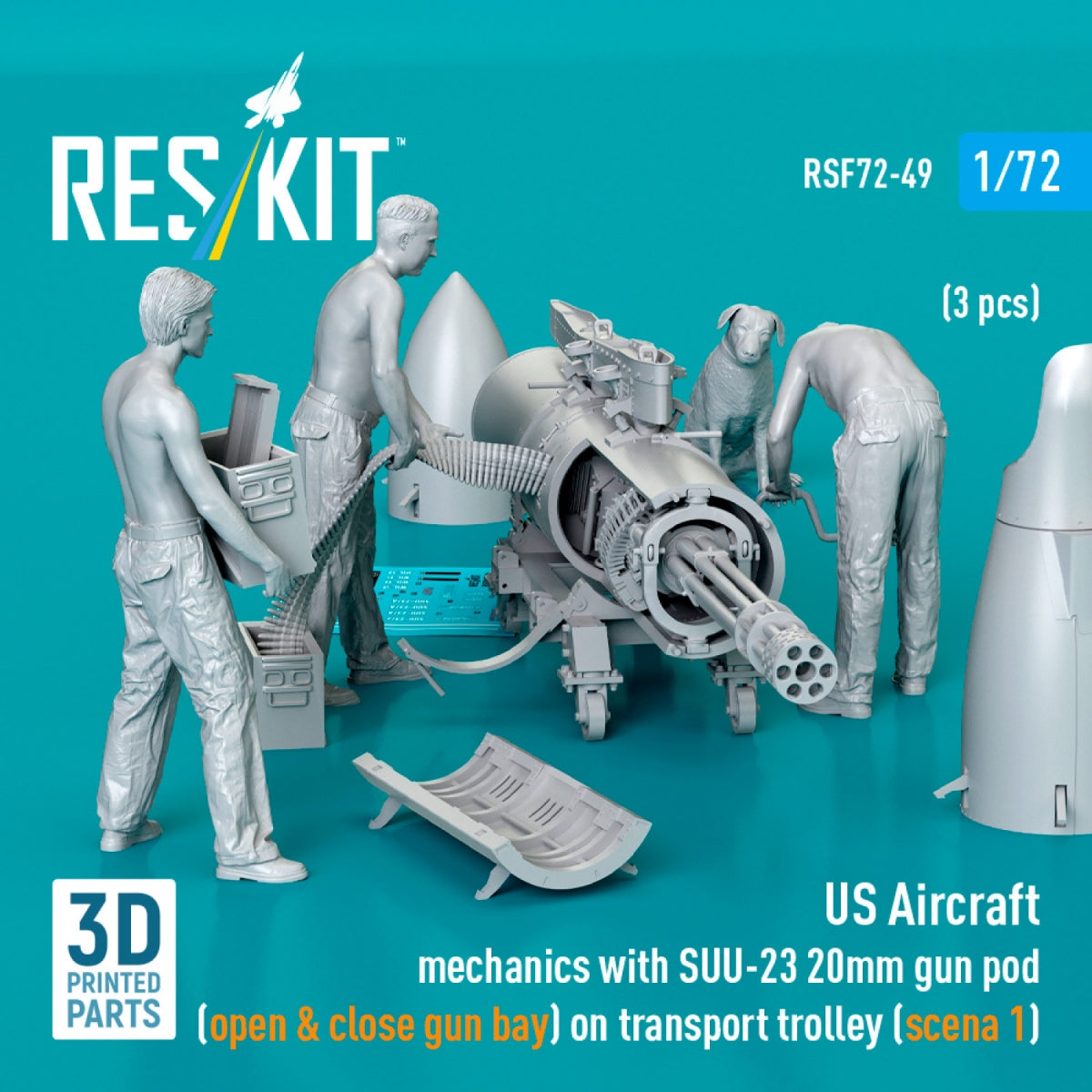 RESKIT RSF72-0049 US Aircraft mechanics with SUU-23 20mm gun pod (open &amp; close gun bay) on transport trolley (scene 1) (3 pcs) (3D Printed) 1/72