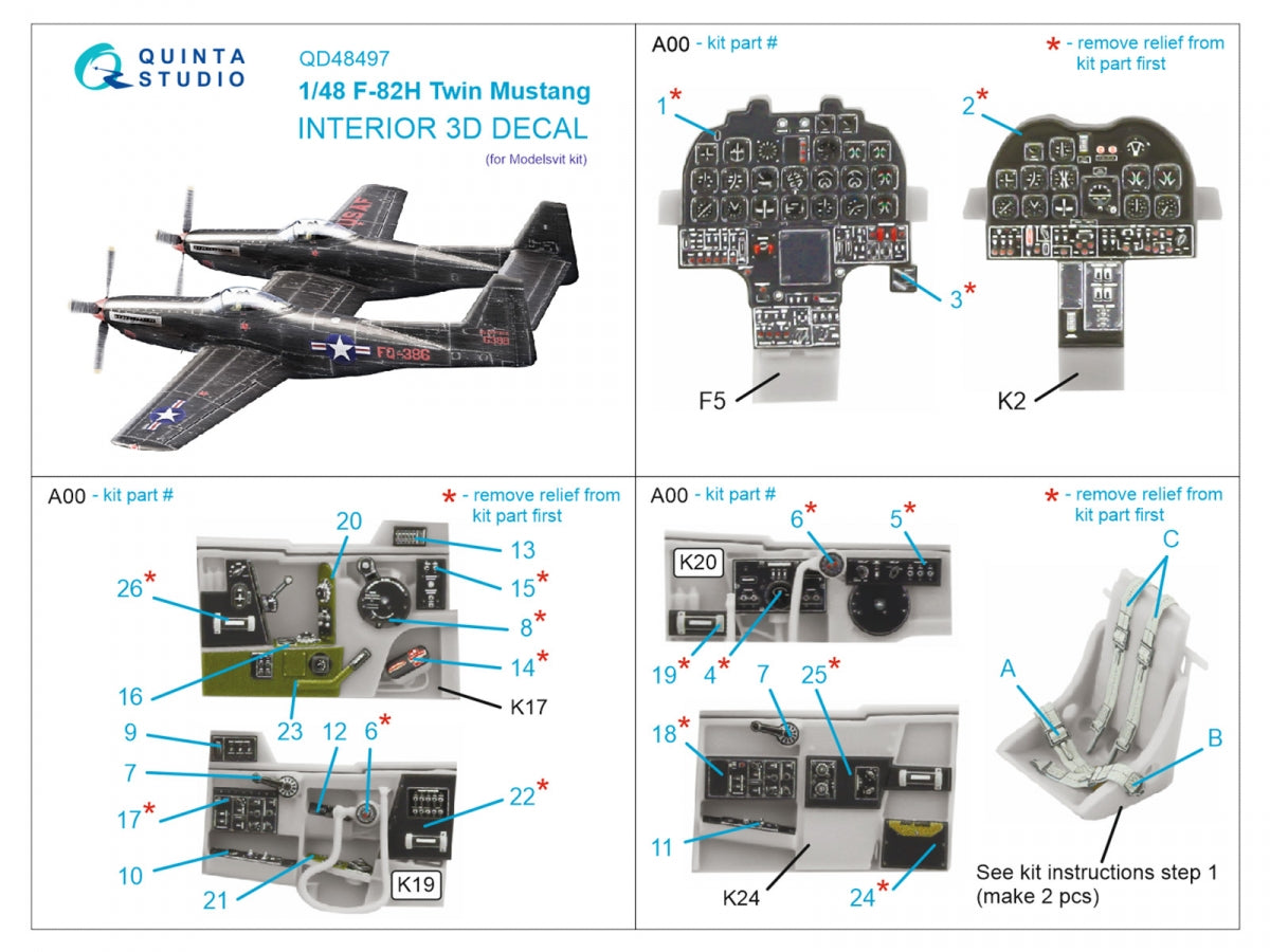 Quinta Studio QD48497 F-82H Twin Mustang 3D-Printed coloured Interior on decal paper (Modelsvit) 1/48 – immagine 2