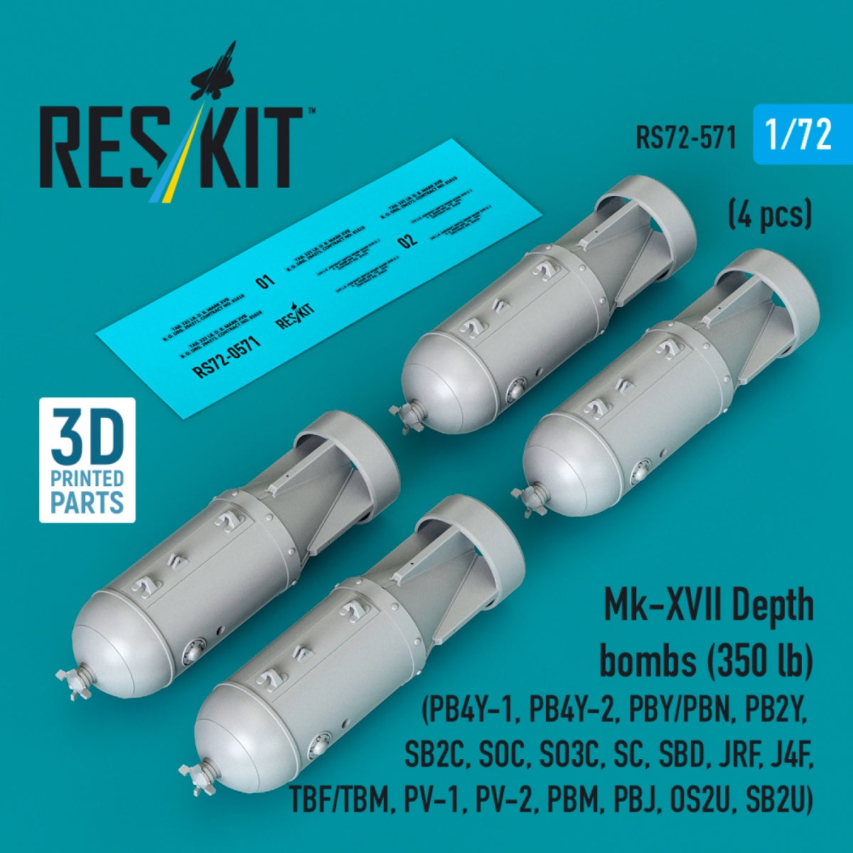 RESKIT RS72-0571 Mk-XVII Depth bombs (350 lb) (4 pcs) (PB4Y-1, PB4Y-2, PBY/PBN, PB2Y, SB2C, SOC, SO3C, SC, SBD, JRF, J4F, TBF/TBM, PV-1, PV-2, PBM, PBJ, OS2U, SB2U) (3D Printed) 1/72