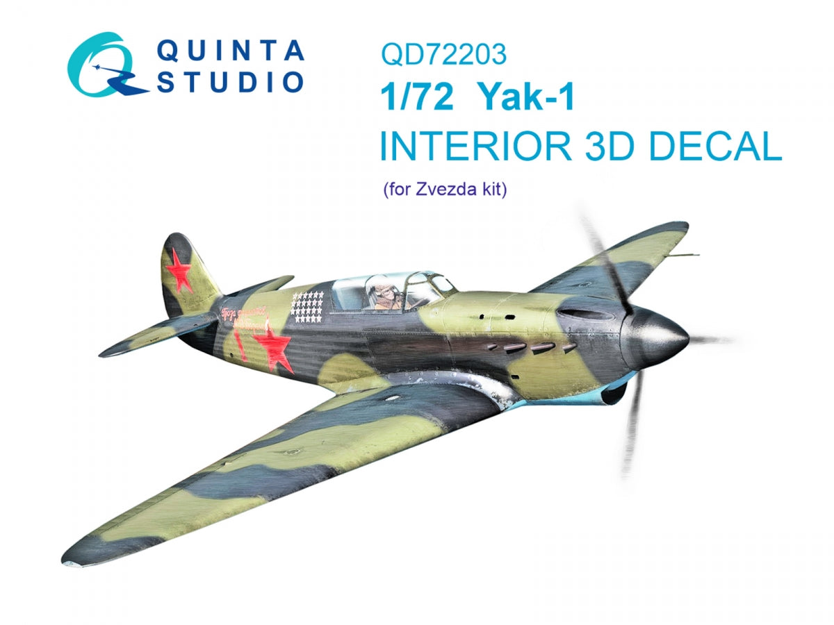 Quinta Studio QD72203 Yak-1 3D-Printed &amp;amp; colored Interior on decal paper (Zvezda) 1/72