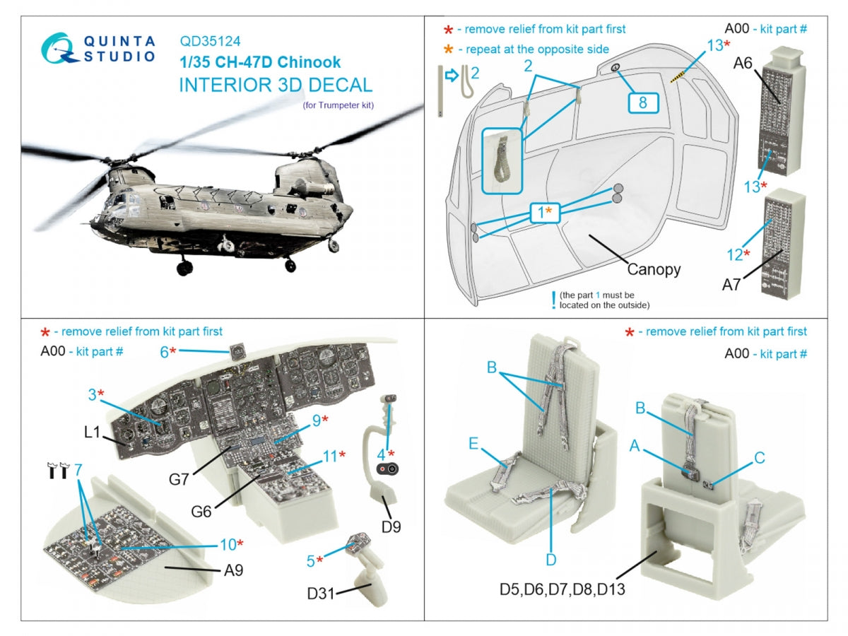 Quinta Studio QD35124 CH-47D 3D-Printed coloured Interior on decal paper (Trumpeter) 1/35 – Bild 2