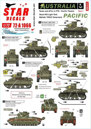 Star Decals 72-A1066 Australia in the Pacific # 1. M3 Stuart Light Tank and Matilda Frog Flame Tank in the Pacific. 1/72