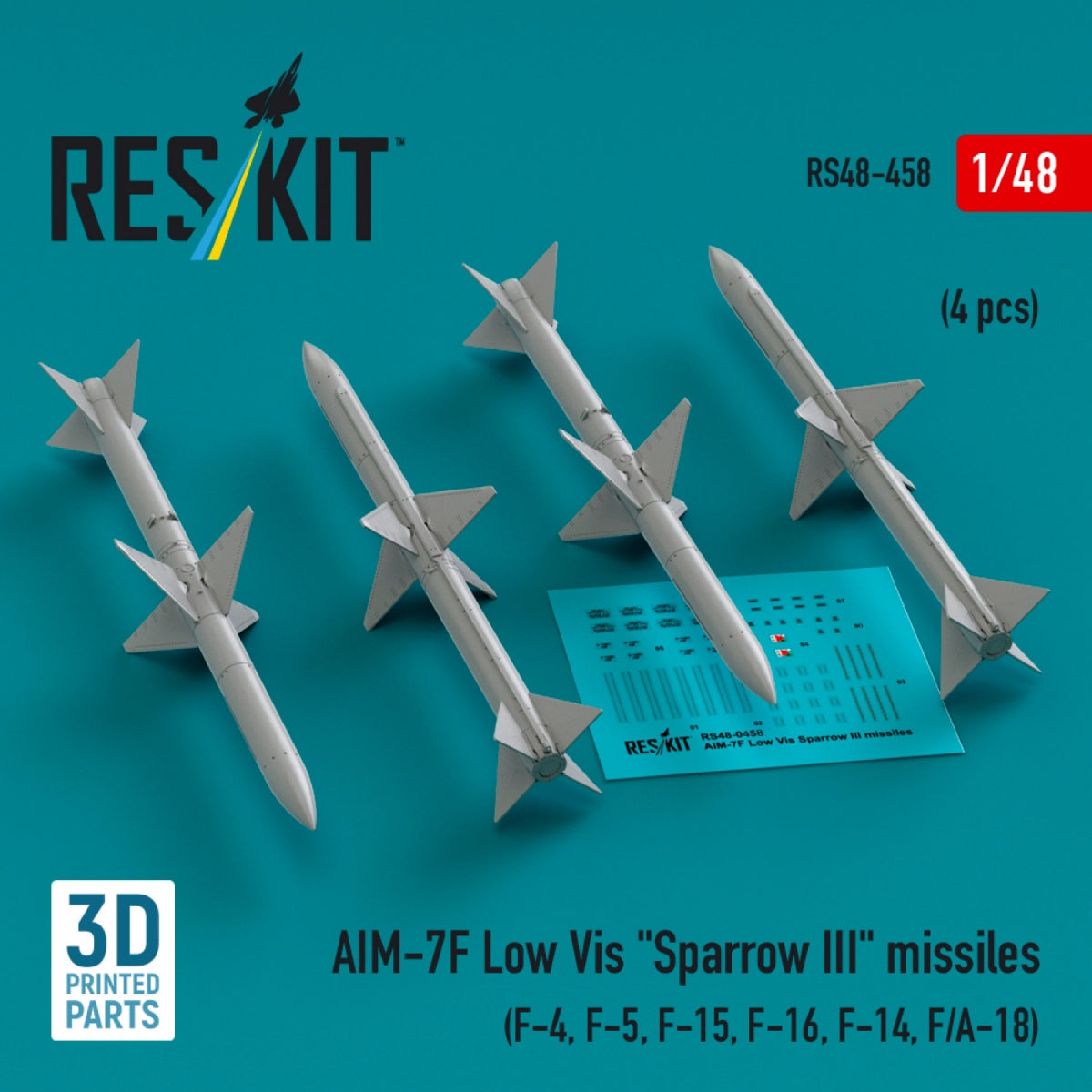 RESKIT RS48-0458 AIM-7F Low Vis &amp;quot;Sparrow III&amp;quot; missiles (4 pcs) (3D Printed) 1/48