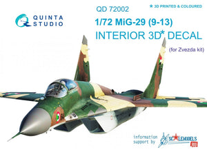 Quinta Studio QD72002 MiG-29 9-13 3D-Printed &amp;amp; coloured Interior on decal paper for 7278 Zvezda kit 1/72