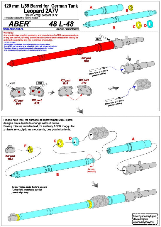 Aber 48L-48 120 mm L/55 Barrel for German Tank Leopard 2A7V 1/48