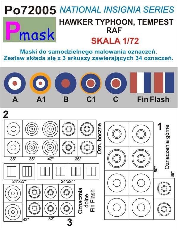 P-Mask PO72005 MASKI DO MALOWANIA OZNACZEŃ HAWKER TYPHOON, TEMPEST RAF 1/72