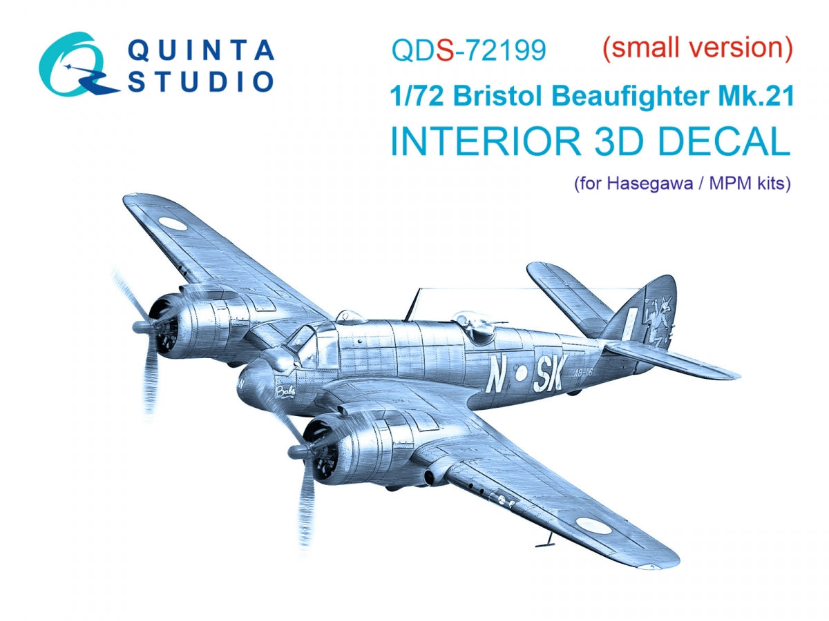 Quinta Studio QDS-72199 Bristol Beaufighter Mk.21 3D-Printed &amp; colored Interior on decal paper (Hasegawa/MPM) (small version) 1/72