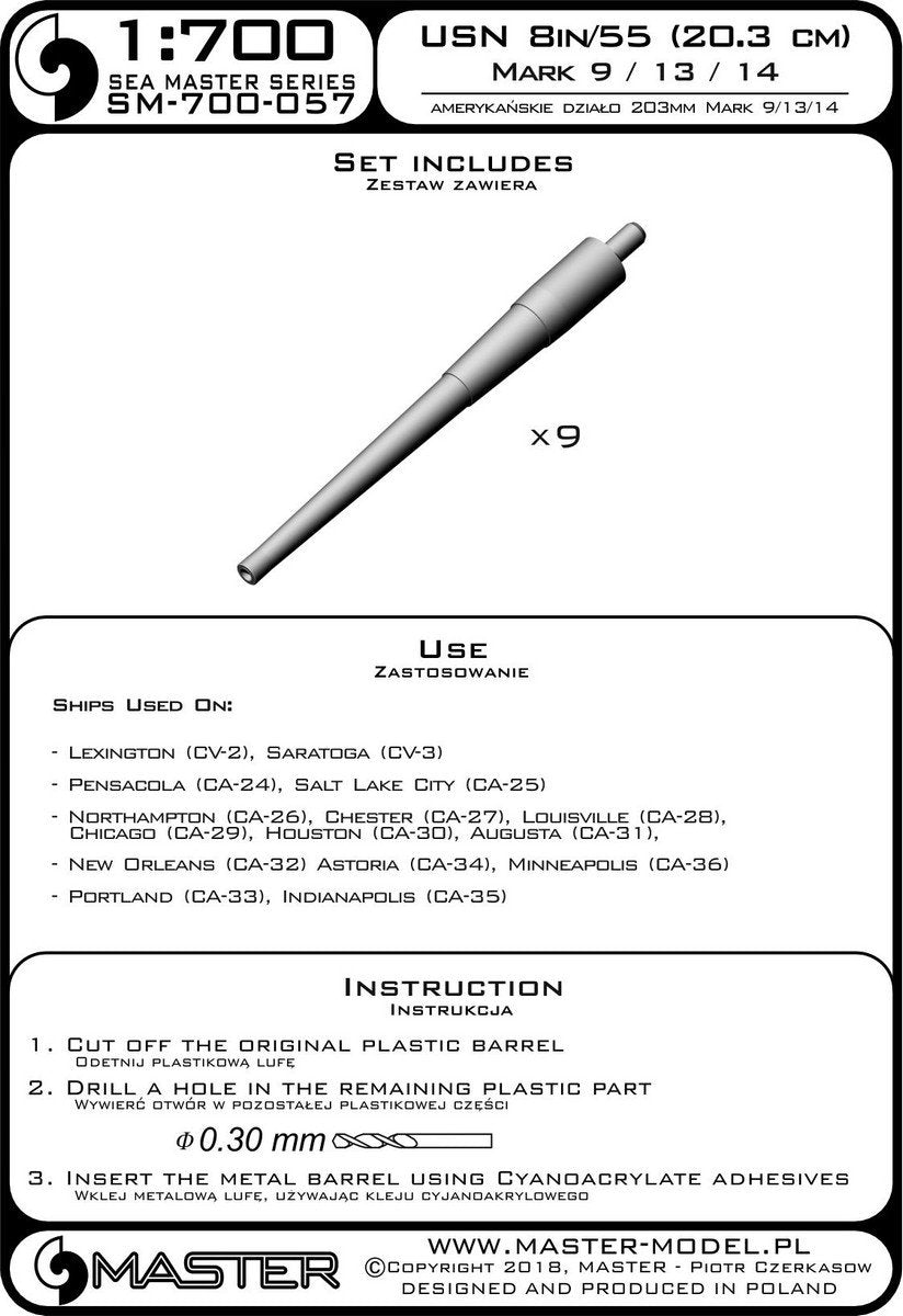 Master SM-700-057 Lufy amerykańskich dział 8in/55 (20.3 cm) Mark 9 (9 szt.) – typ Lexington, Pensacola, Northampton, wczesny New Orleans i Indianapolis 1/700 – imagen 3