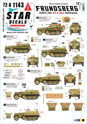 Star Decals 72-A1143 Frundsberg 1. 10. SS-Panzer Division. Versions SdKfz 250 ALT et NEU. Échelle 1/72