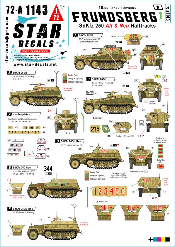Star Decals 72-A1143 Frundsberg 1. 10. SS-Panzer Division. Versions SdKfz 250 ALT et NEU. Échelle 1/72