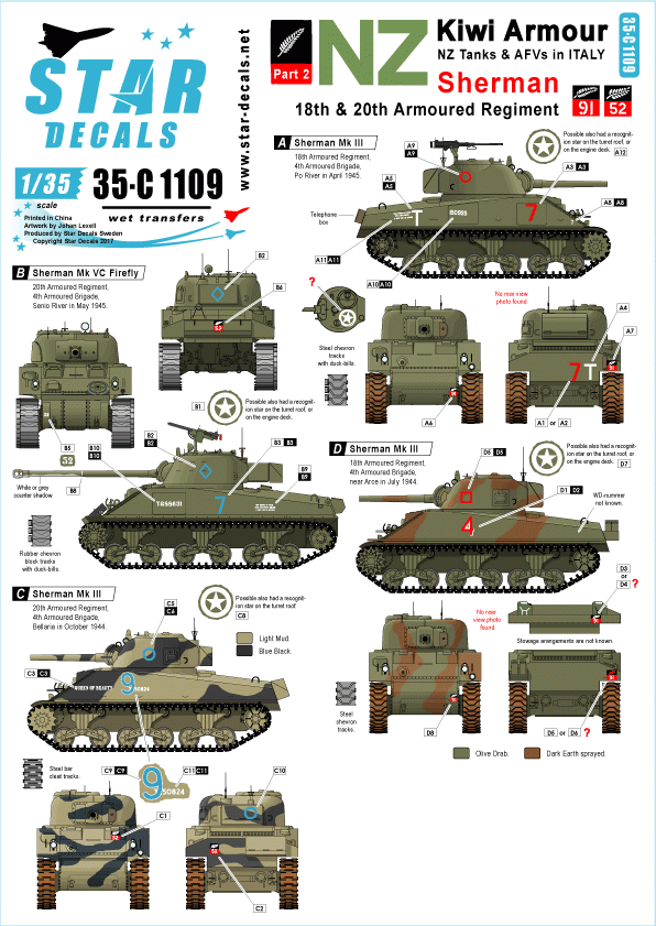 Star Decals 35-C1109 Kiwi Armour 2 - Shermans of 18th & 20th Armoured Regiment 1/35