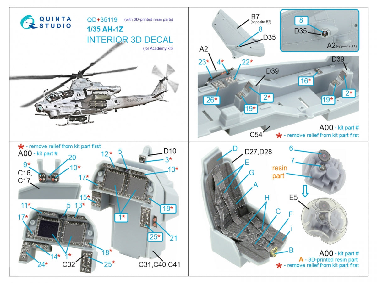Quinta Studio QD+35119 AH-1Z 3D-Printed coloured Interior on decal paper (Academy) (with 3D-printed resin parts) 1/35 – imagen 2