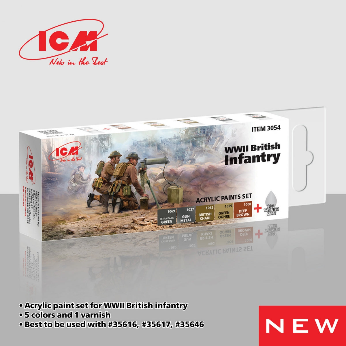 Coffret de peintures acryliques ICM 3054 pour l&amp;#39;infanterie britannique de la Seconde Guerre mondiale, 12 ml x 6