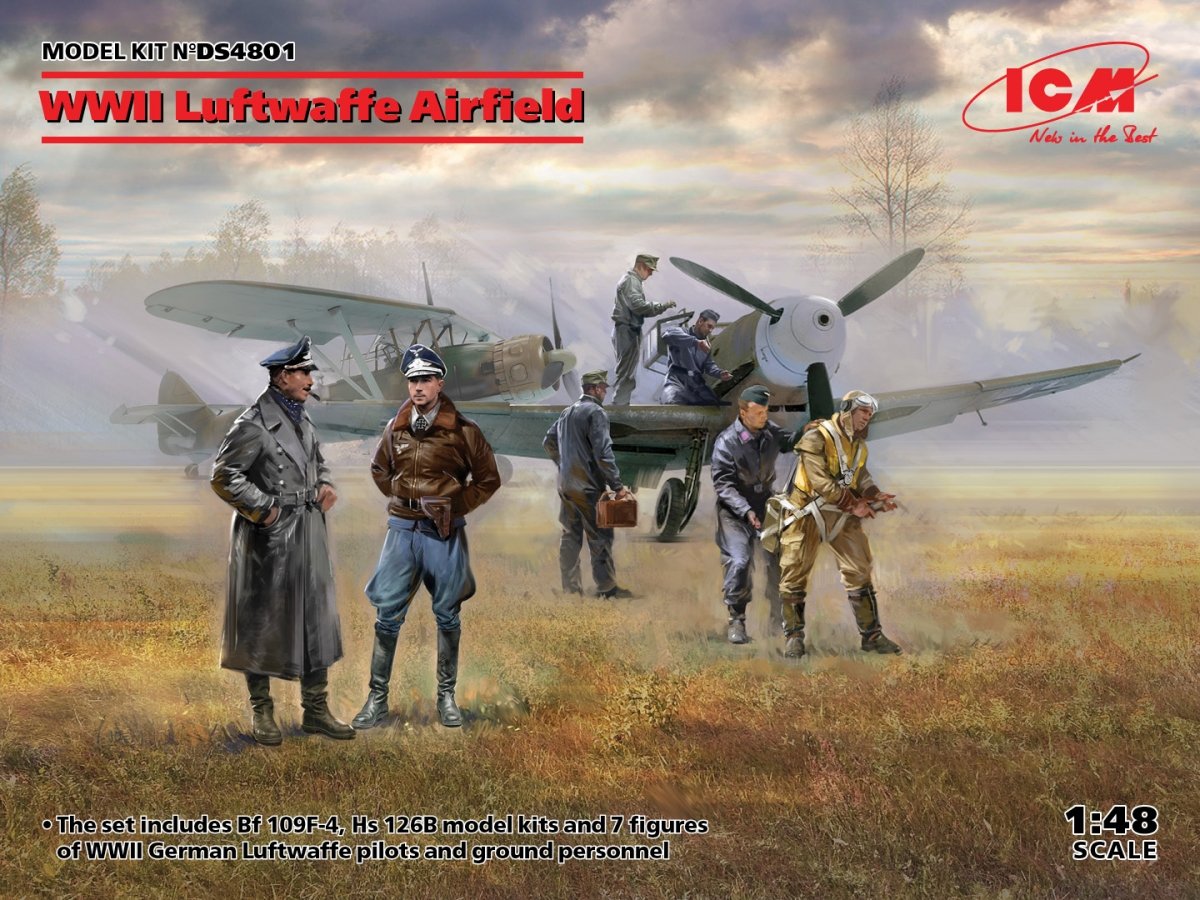ICM DS4801 WWII Luftwaffe Airfield (Messerschmitt Bf-109F-4, Henschel Hs-126 B-1, German Luftwaffe Pilots and Groun) 1/48