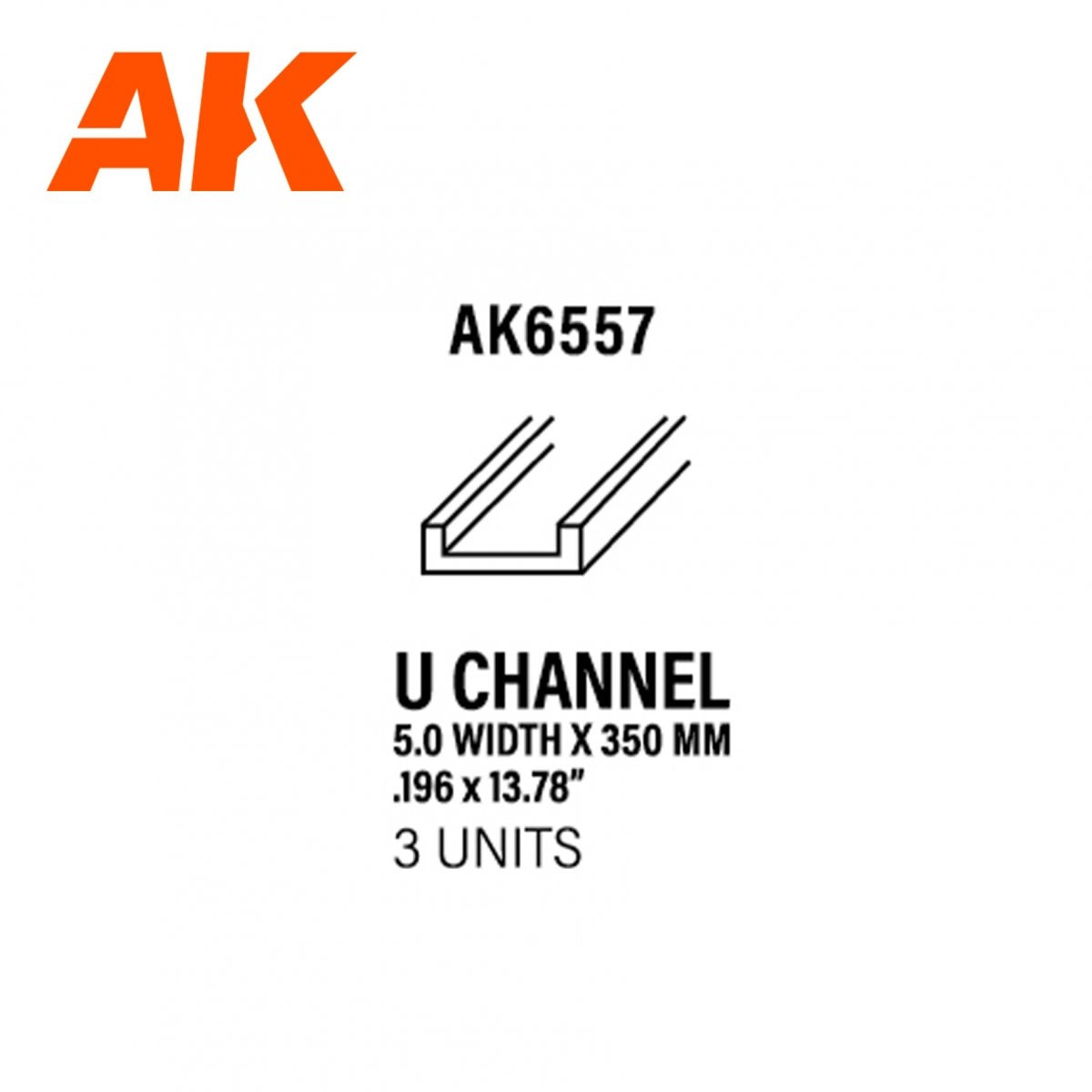 AK Interactive AK6557 PROFILÉ EN U 5.0 DE LARGEUR X 350MM – STYRÈNE – (3 UNITÉS)