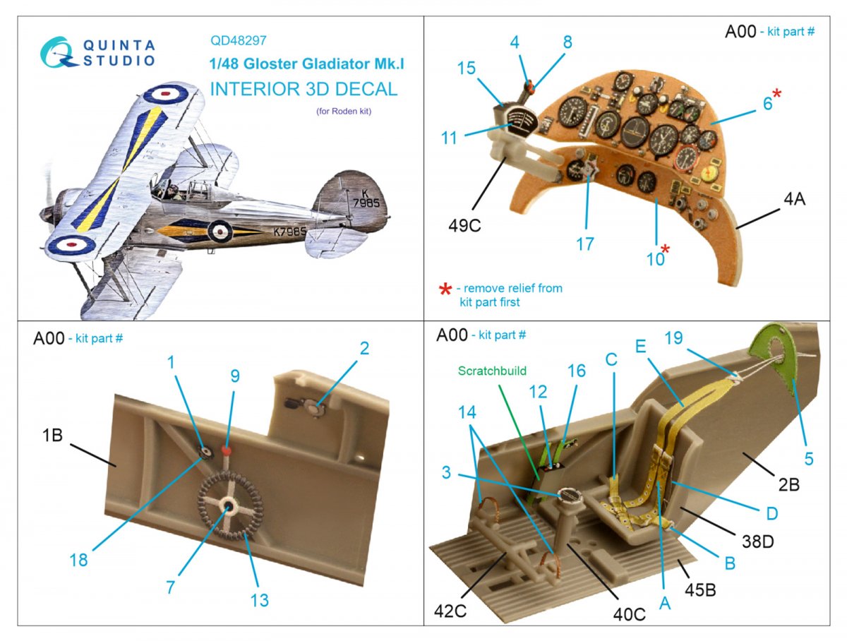Quinta Studio QD48297 Gloster Gladiator MKI 3D-Printed &amp;amp; coloured Interior on decal paper (Roden) 1/48 – immagine 2