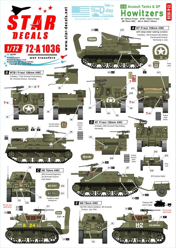 Star Decals 72-A1036 US SP Howitzers. M7 Priest, M8 HMC and M4 (105mm). 75th-D-Day-Special. Normandy and France in 1944 1/72