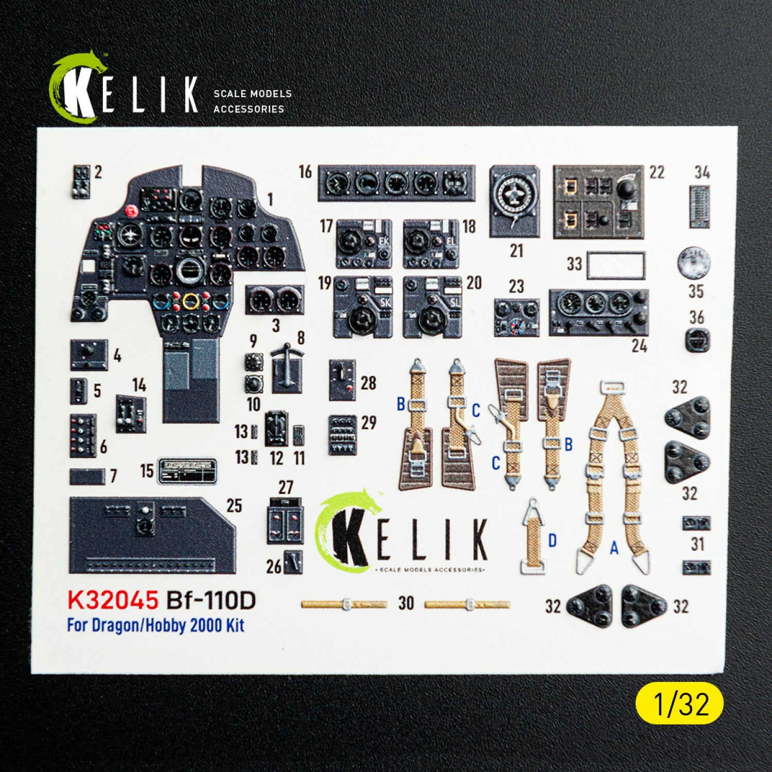 KELIK K32045 Messerschmitt Bf-110 D - Interior 3D Decals (for Dragon / Hobby 2000 Kits) 1/32