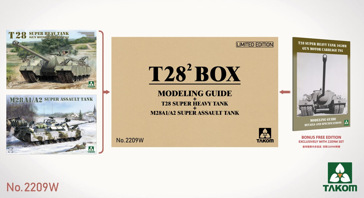 Takom 2209W T28 BOX MODELING GUIDE + T28 SUPER HEAVY TANK + M28A1/A2 SUPER ASSAULT TANK 1/35