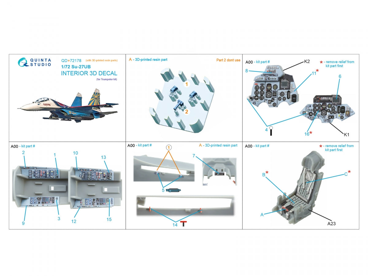 Intérieur du Su-33 imprimé en 3D et coloré sur papier décalcomanie (Trumpeter) de Quinta Studio QD+72180 (avec pièce en résine imprimée en 3D) à l&amp;#39;échelle 1/72 – image 3