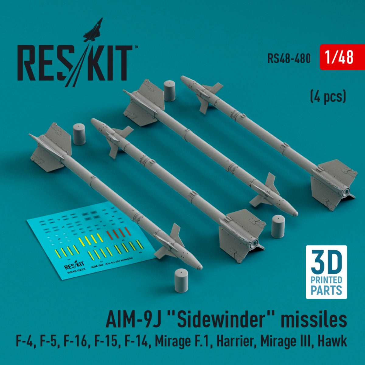 RESKIT RS48-0480 AIM-9J "Sidewinder" missiles (4 pcs) (3D Printed) 1/48