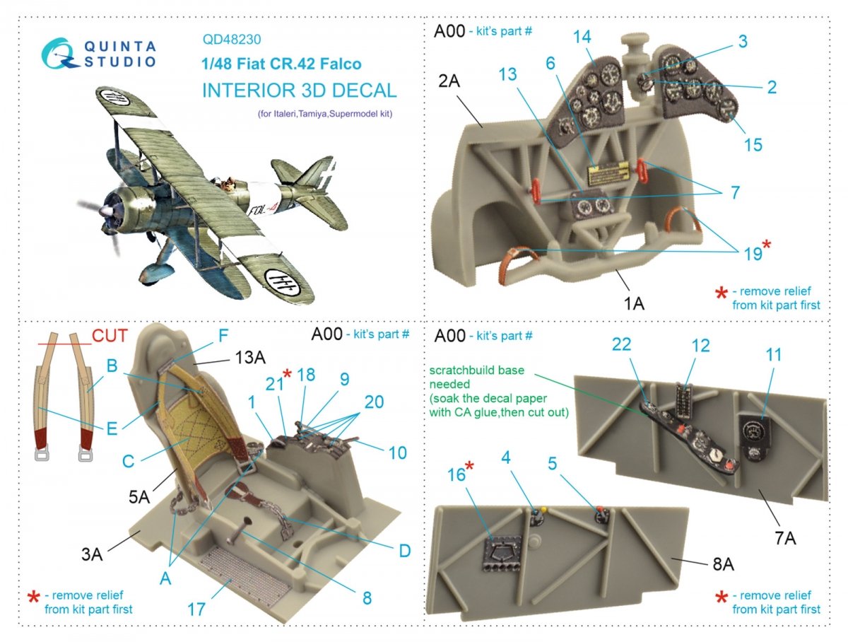 Quinta Studio QD48230 Fiat CR.42 3D-Printed &amp;amp; coloured Interior on decal paper (Italeri) 1/48 – immagine 2