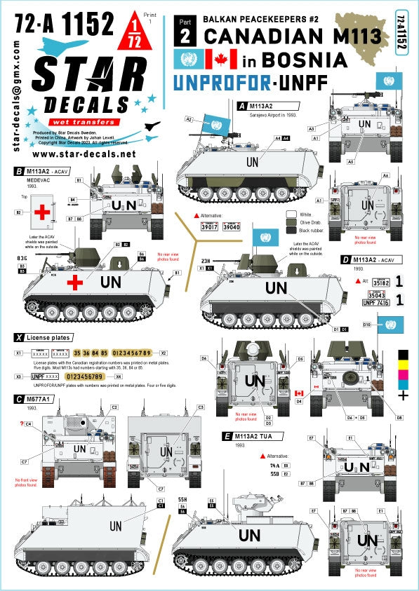 Star Decals 72-A1152 Canadian M113 in Bosnia. Balkan Peacekeepers # 14. M113A2, M113A2 ACAV, M577A1 and M113A2 TUA 1/72