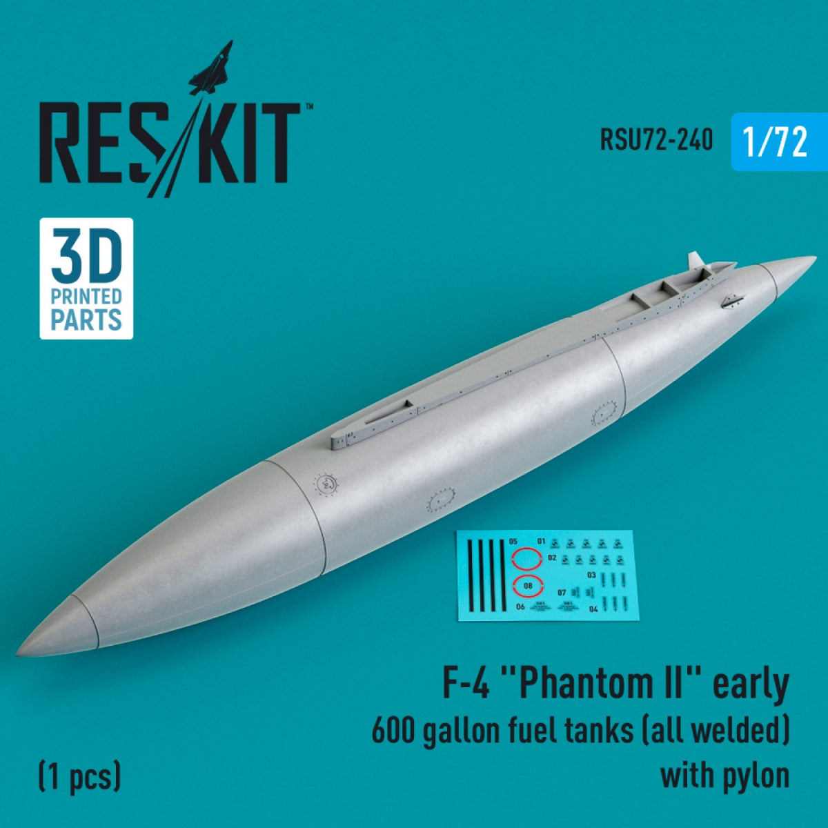 RESKIT RSU72-0240 F-4 "PHANTOM II" EARLY 600 GALLON FUEL TANK (ALL WELDED) WITH PYLON (1 PCS) (3D PRINTED) 1/72