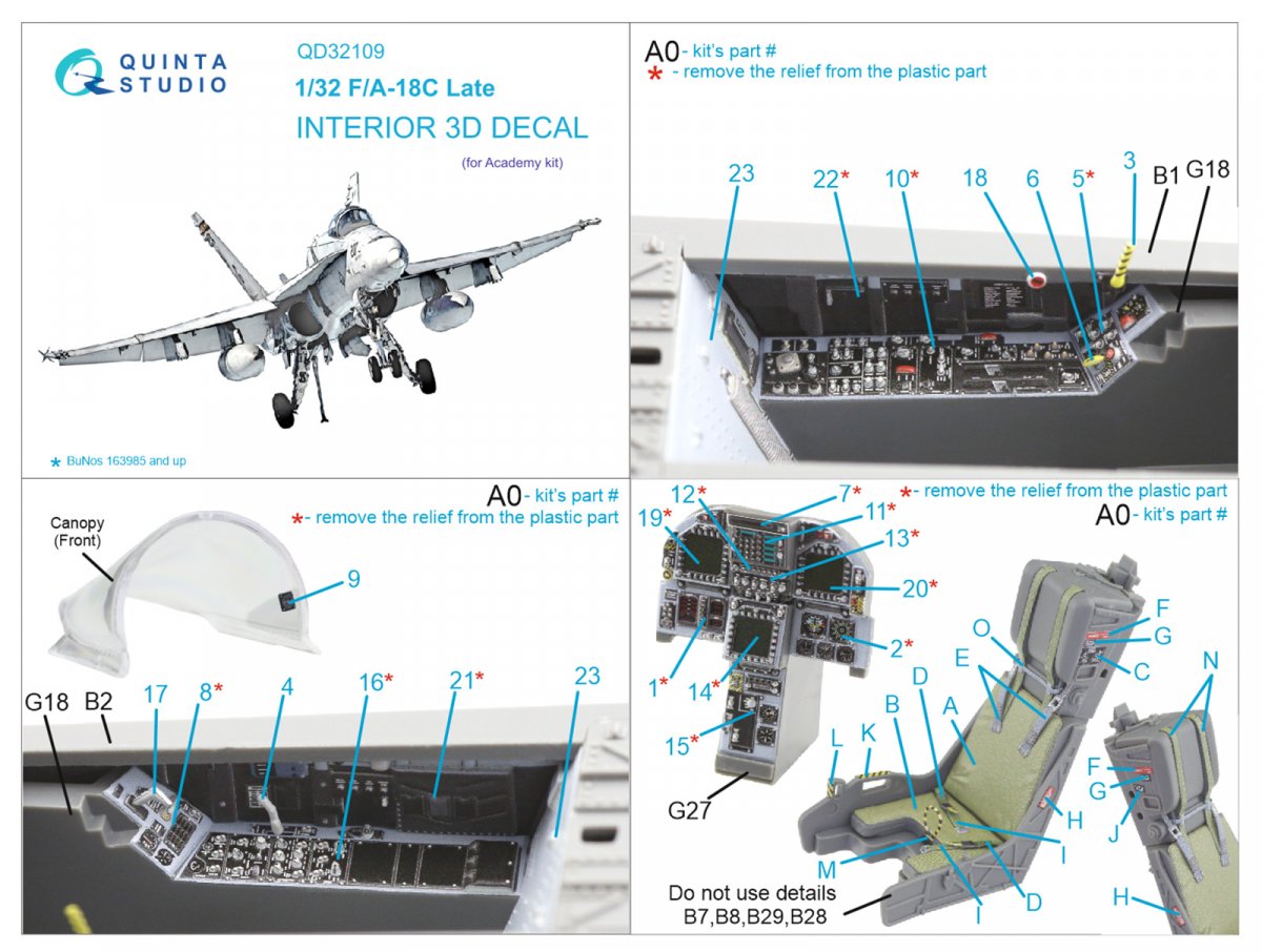 Quinta Studio QD32109 F/A-18C Late 3D-Printed &amp;amp; coloured Interior on decal paper (Academy) 1/32 – immagine 12