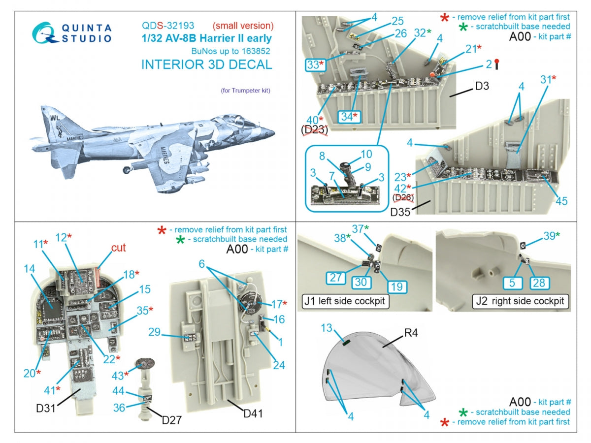 Quinta Studio QDS-32193 AV-8B Harrier II early 3D-Printed &amp;amp; colored Interior on decal paper (Trumpeter) (small) 1/32 – image 2