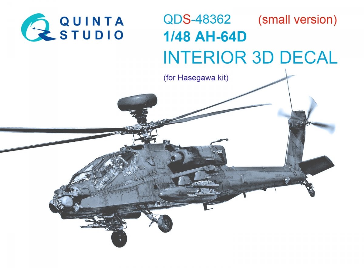Quinta Studio QDS-48362 AH-64D 3D-Printed &amp; colored Interior on decal paper (Hasegawa) (Small version) 1/48
