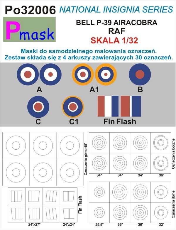 P-Mask PO32006 MASKI DO MALOWANIA OZNACZEŃ AIRACOBRA RAF 1/32