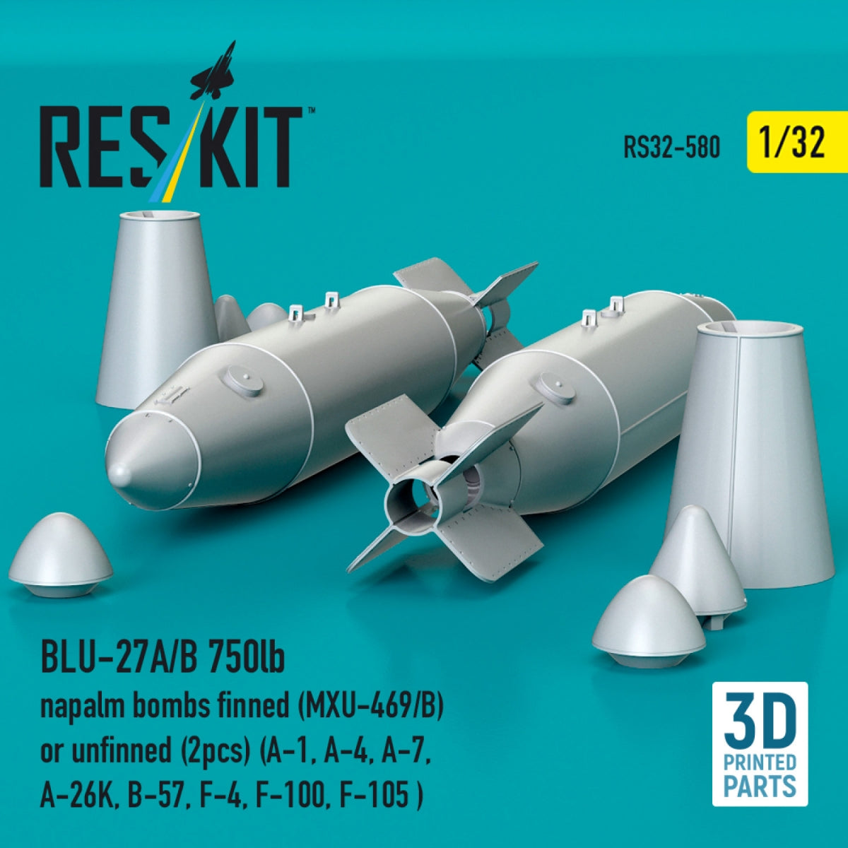 RESKIT RS32-0580 BLU-27A/B 750lb napalm bombs finned (MXU-469/B) or unfinned (2 pcs) (A-1, A-4, A-7, A-26K, B-57, F-4, F-100, F-105 ) (3D Printed) 1/32