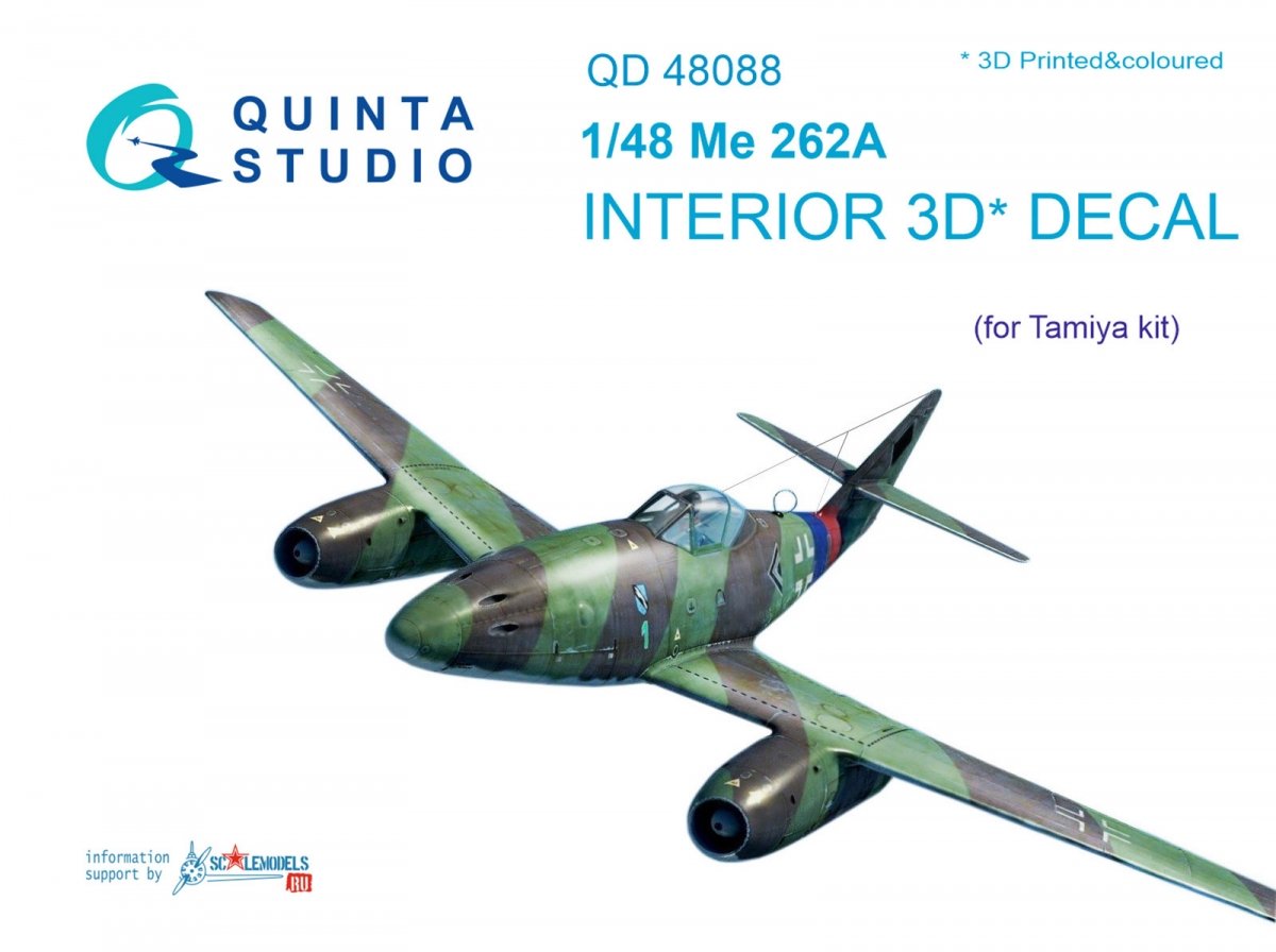 Intérieur imprimé en 3D et coloré sur papier décalcomanie Quinta Studio QD48088 Me-262A (pour maquette Tamiya) 1/48