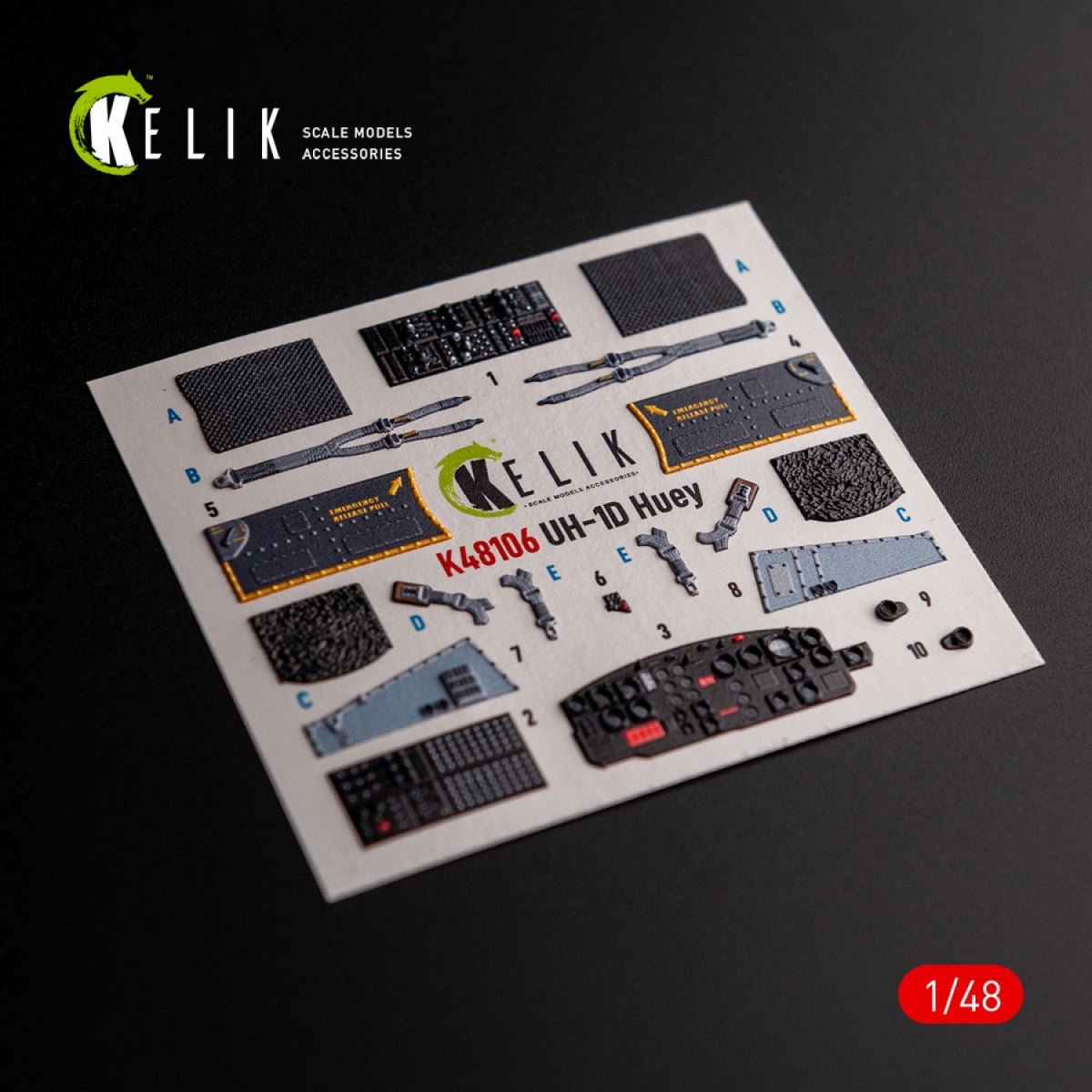 KELIK K48106 UH-1D « Huey » - décalcomanies 3D intérieures pour maquette Zimi Model/KittyHawk au 1/48