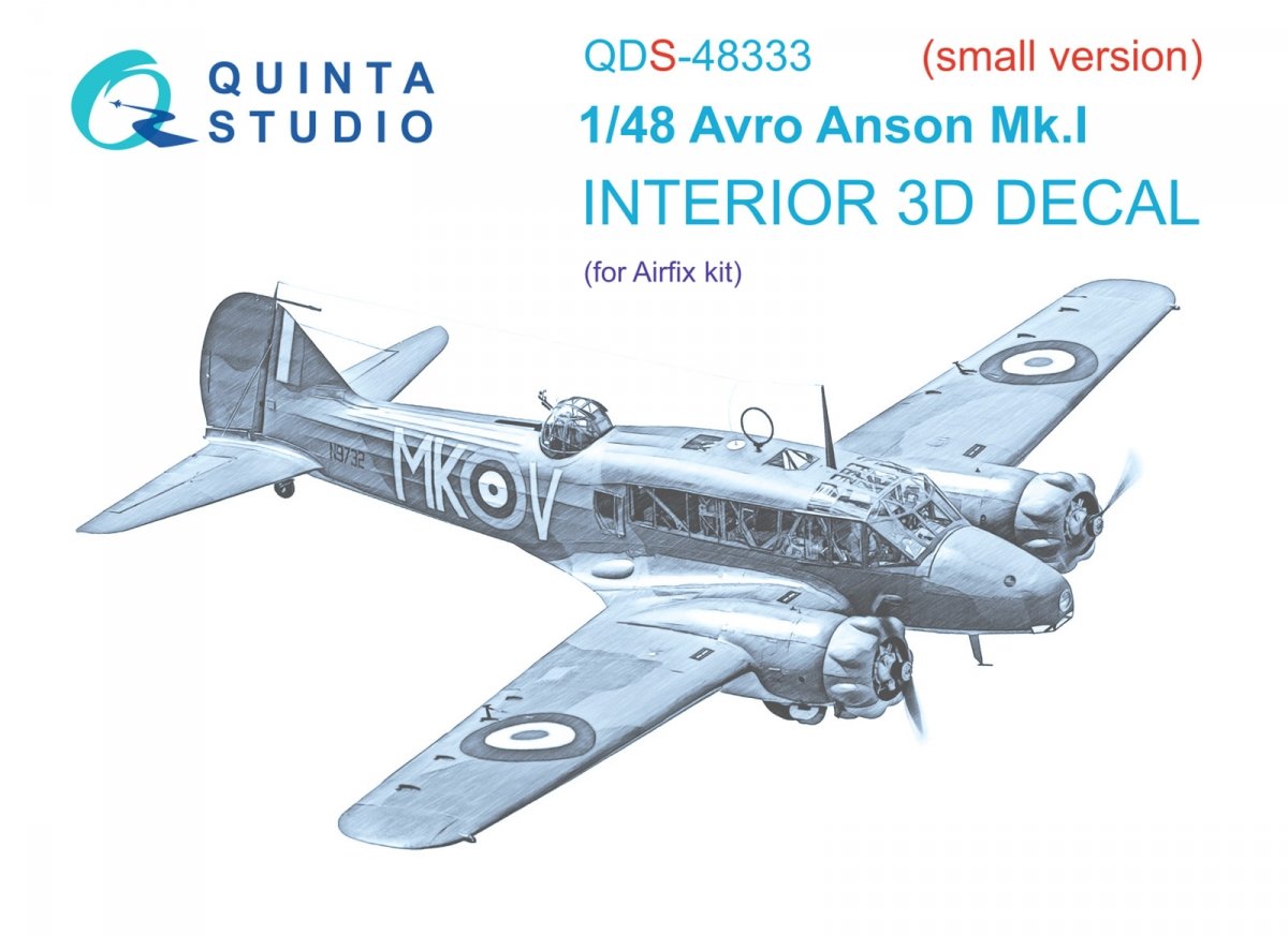 Quinta Studio QDS-48333 Avro Anson Mk.I 3D-Printed &amp; colored Interior on decal paper (Airfix) (Small version) 1/48