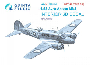 Quinta Studio QDS-48333 Avro Anson Mk.I 3D-Printed &amp;amp; colored Interior on decal paper (Airfix) (Small version) 1/48
