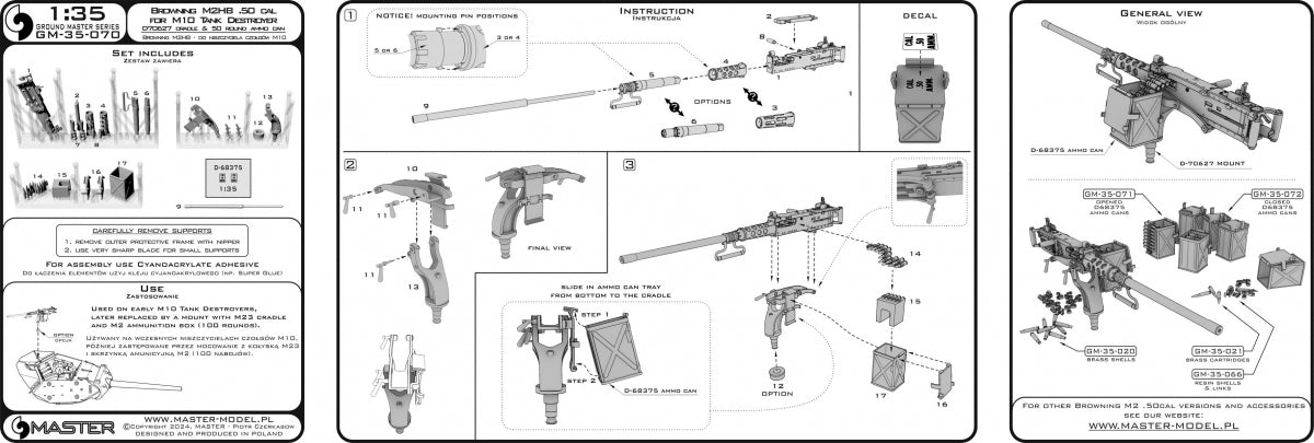 Master GM-35-070 Browning M2HB .50 cal (12,7mm) - z mocowaniem do niszczyciela czołgów M10 (kołyska D70627 z małą skrzynką amunicyjną D68375) 1/35 – imagen 12