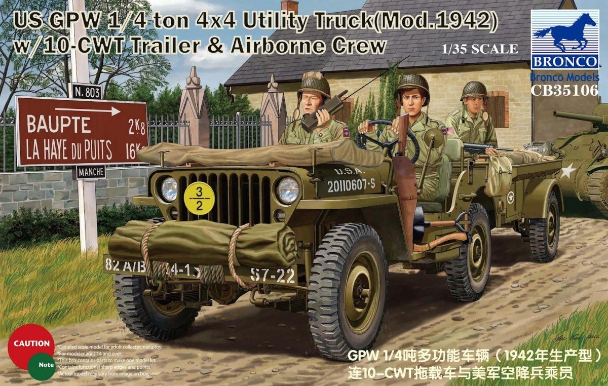 Bronco CB35106 US GPW 1/4 ton 4x4 Utility Truck Mod.1942 w/10-CWT Trailer &amp; Airborne Crew (1/35)