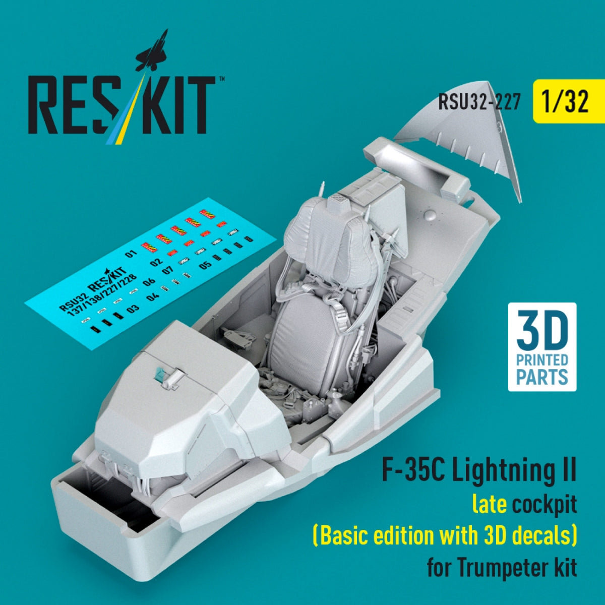 RESKIT RSU32-0227 F-35C Lightning II late cockpit (Basic edition with 3D decals) for Trumpeter kit (3D Printed) 1/32