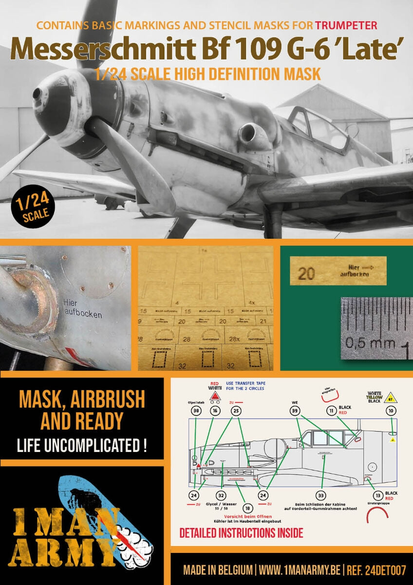 1 Man Army 24DET007 Messerschmitt Bf-109 G-6 Late - High Definition Airbrush Masks for Trumpeter 1/24