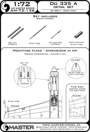 Master AM-72-136 Do 335 A – zestaw detali – MG 151, antena FuG 25a, rurka Pitota 1/72 – zdjęcie 3